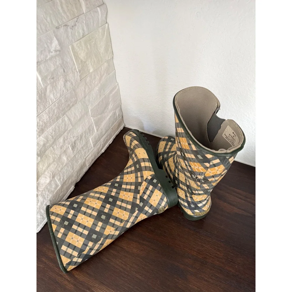 Sperry Top-Sider Womens Plaid Waterproof Rubber Rain Boots Yellow Green Size 6